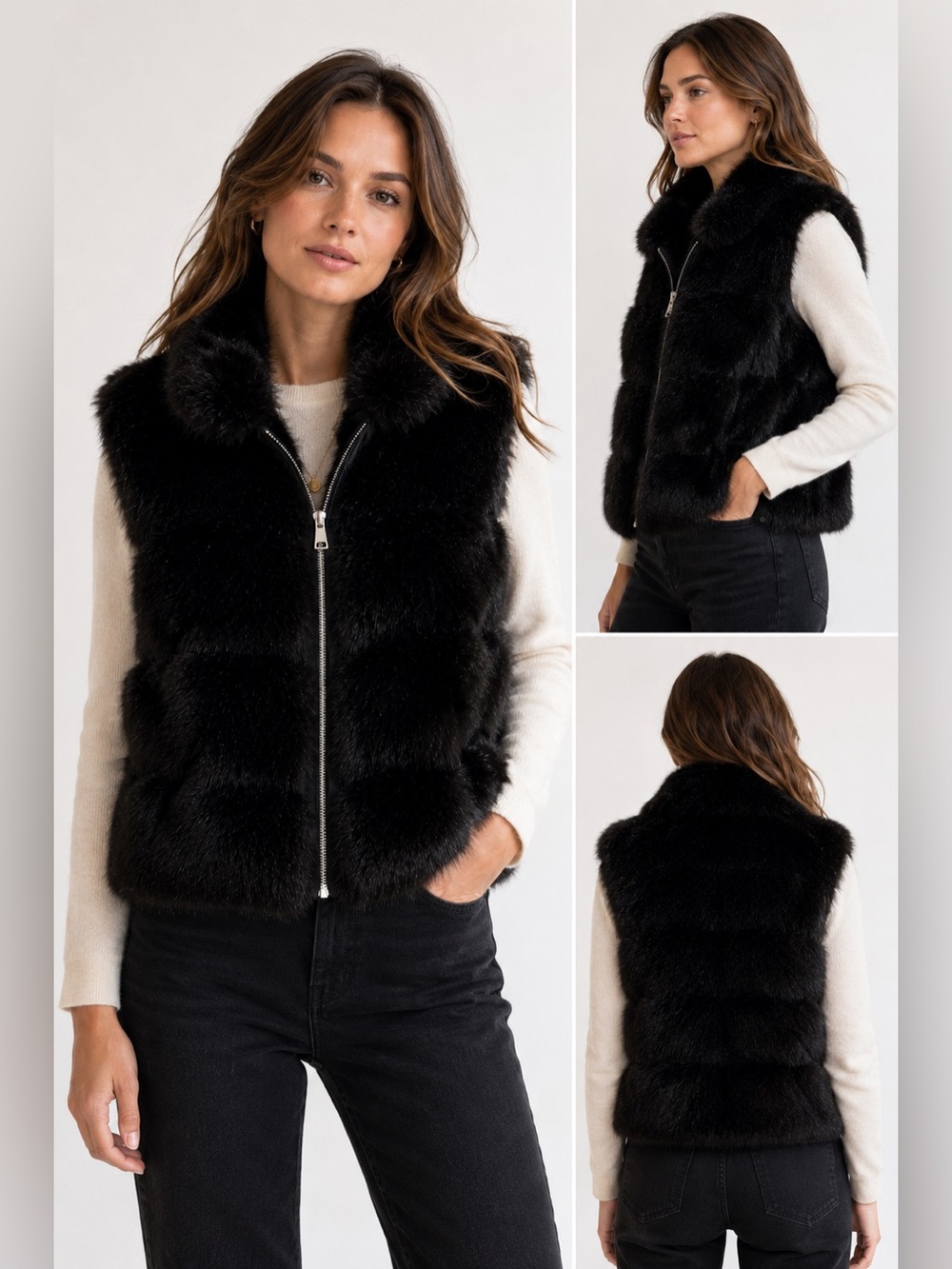 Adrienne Landau Black Faux Fur Vest M NWT $345 Zip Front Luxury